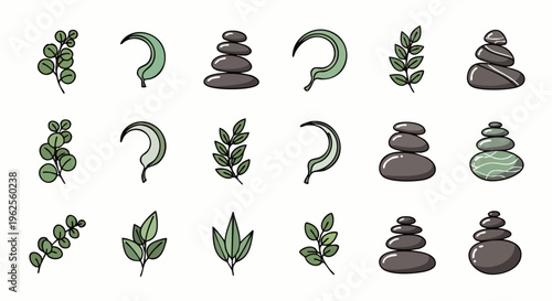 Set of cartoon icons for spa and wellness: stacked stones, eucalyptus leaves, and crescent moon shapes.