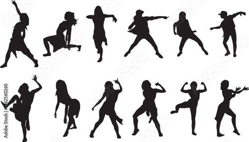 Dance silhouettes, freestyle movement vector, people icon design, black outline art, rhythm illustration, performance graphic, energetic posture