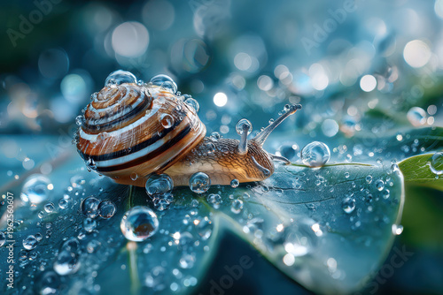 Snail gliding on a dewy leaf in a tranquil, serene garden setting at dawn