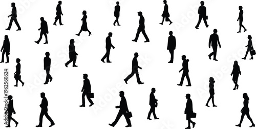Silhouettes of people walking with bags and briefcases, urban crowd movement, city lifestyle, diversity, anonymity vector illustration artwork