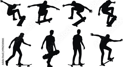 Silhouettes of skateboarders performing tricks and stances, skateboarding culture, dynamic motion, sport lifestyle, urban youth vector illustration artwork
