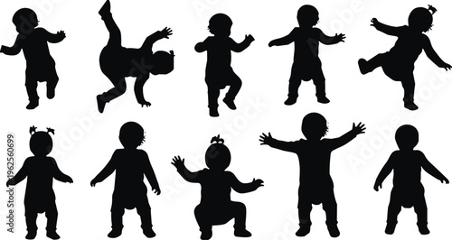 Silhouettes of toddlers in playful poses, standing, walking, squatting, balancing, childhood activity, physical development vector illustration artwork