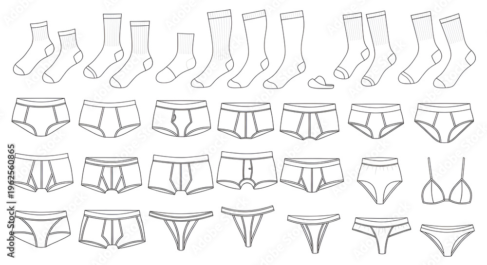 Fototapeta premium Minimalist Thin Line Vector Outlines of Socks and Underwear Set on White Background