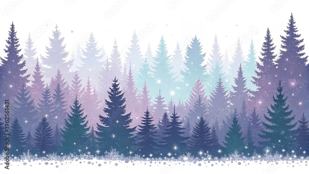 Obraz premium Pastel Fantasy Spruce Forest Border – Whimsical Lavender and Blue Seamless Woodland Illustration 