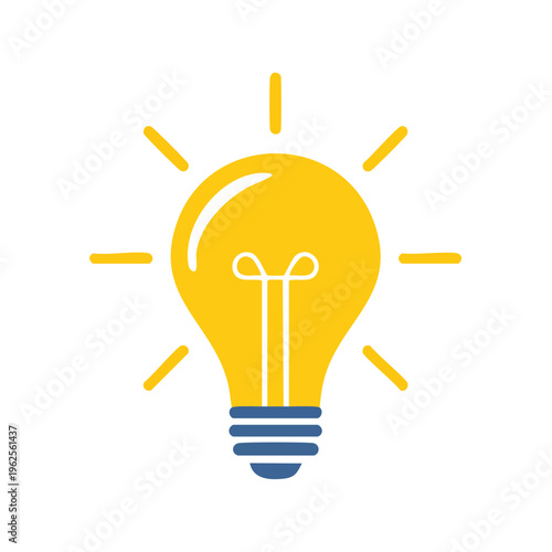Bright yellow light bulb with radiating lines symbolizing an idea or inspiration
