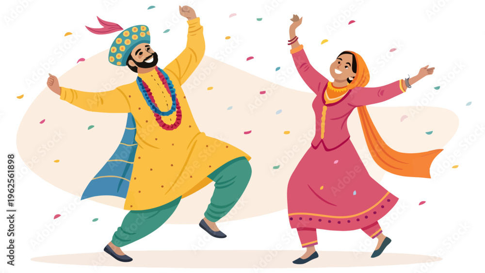 Fototapeta premium A vibrant illustration of a man and woman in traditional Indian attire dancing joyfully together with confetti