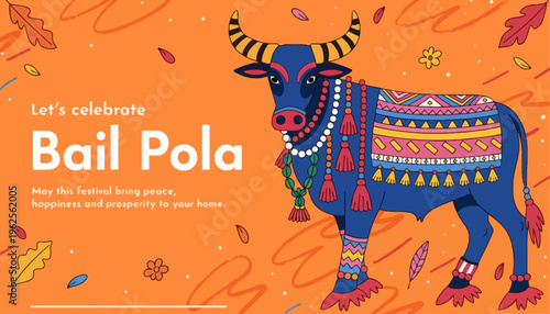 A colorful illustration of a decorated bull for the Bail Pola festival with vibrant patterns and leaves on an orange background