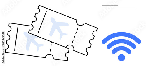 Travel technology, wireless internet, online bookings, modern transportation, global connectivity, ticketing systems. Two plane tickets and a wireless symbol. Travel technology and wireless internet