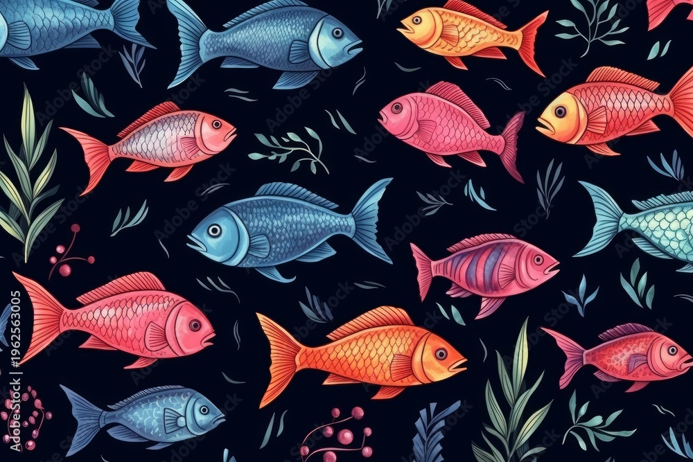 Fototapeta premium Schools of fish with various colors creating an underwater marine background