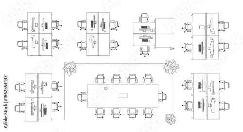 Minimalist CAD Office Furniture Line Art Collection - Top Down View