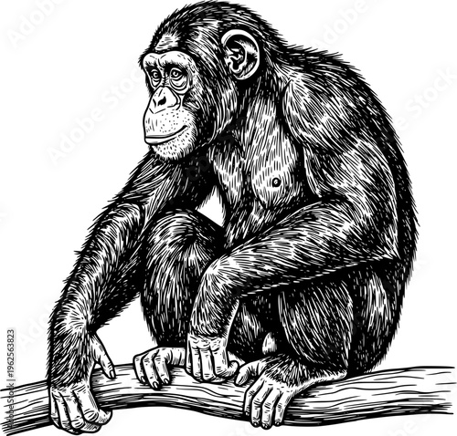 Chimpanzee Sitting on Tree Branch Engraving Line Art Illustration for Wildlife Education, Logo Design, Tattoo, T-Shirt Print and Vintage Artwork