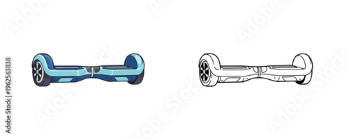 Blue and cyan electric hoverboard in cartoon style and black and white line art version isolated on white background used for modern urban transportation and outdoor fun
