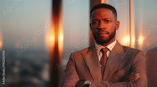 Professional African American businessman in formal attire standing by office window at golden sunset. Corporate executive portrait with modern urban background and warm lighting.