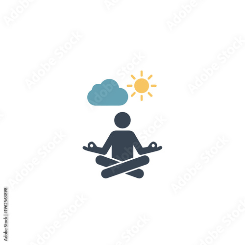 A person meditating in lotus position under sun and cloud.