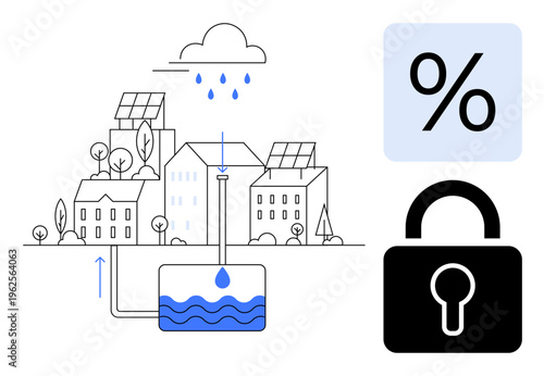 Urban sustainability, water recycling, renewable energy, climate solutions, data protection, resource optimization. A cityscape with solar panels, rainwater harvesting and security icons. Urban