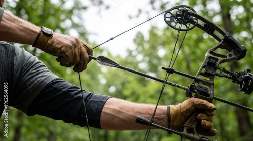 Man drawing archery bow and nocking arrow in forest. Archer aiming at target outdoors. Hunting preparation and precision shooting in natural woodland environment. Outdoor sports activity for skill
