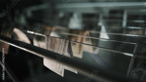 Illegal dirty grey money drying on a drying rack in the bathroom. Money laundering for illegal business in criminal world. Dollar bills in storage, anonymity and illegality