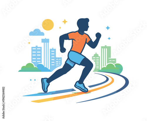 Urban running and outdoor activity highlighting healthy habits and dynamic city life integration with fitness routines, a running silhouette paired with a minimal road line element