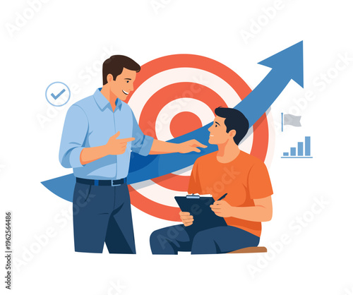 Individual coaching and personalized improvement strategy for achieving goals, represented by a single figure combined with a target symbol and an upward arrow, illustrating focus