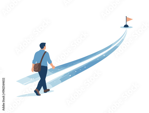Vision and strategic direction scenario showing a person guided by a clear path symbolized by a fast-moving cosmic streak leading toward a defined objective, with a character