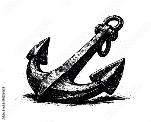 A weathered ship anchor shown in three-quarter perspective, tilted slightly as if resting on its side, the heavy flukes and curved arms filling most of the
