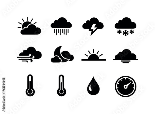 Weather forecast elements: partly cloudy sun, heavy rain, lightning bolt cloud, snow cloud, windy cloud, night moon with cloud, sunrise horizon, sunset horizon, temperature high