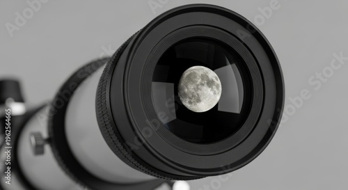 Close-up of telescope lens focusing on moon detailing craters