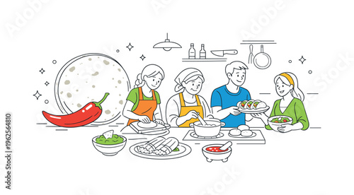 People preparing and serving traditional dishes in a modern kitchen environment inspired by regional culinary traditions, symbolized by a tortilla paired with a simple chili pepper
