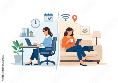 A hybrid workplace flexibility concept featuring a professional smoothly transitioning between a simple office desk and a home sofa element, representing adaptable schedules