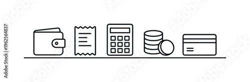 Simple budgeting and expense tracking for everyday financial awareness and responsible spending habits, wallet, receipt, calculator, coin, and bank card, control and financial