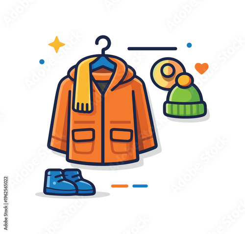 Taking off coat routine shaped by seasonal habits of returning home during colder months and organizing outerwear, a coat paired with a hanger and a small wall hook element