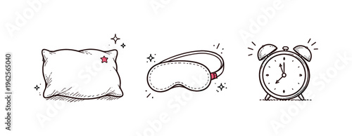 Sleep theme  a horizontal row of 3 related hand-drawn bedtime comfort objects on a white background: a fluffy pillow with a tiny pink stitched star detail on