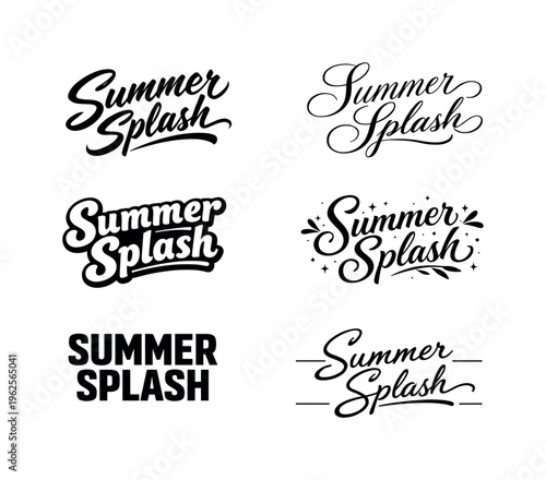 The phrase Summer Splash presented as a professionally curated collection of six distinct typographic interpretations of the same lively seasonal phrase,