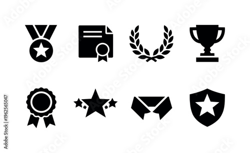 Certification and achievement: award medal, certificate, laurel wreath, trophy, recognition badge, success star, honor ribbon, achievement shield