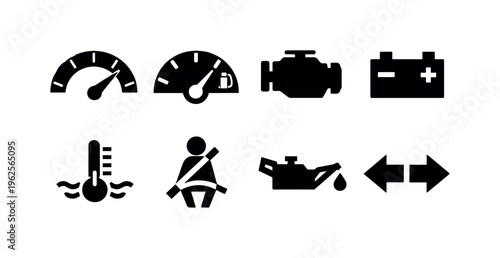 Car dashboard indicators: speedometer, fuel gauge, engine warning light, battery alert, temperature gauge, seatbelt icon, oil pressure symbol, turn signal