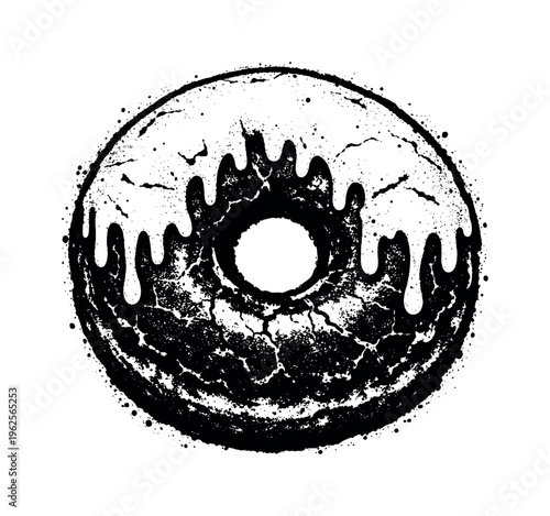 A realistic glazed donut with dripping icing shown in direct frontal view, enlarged to dominate the frame and isolated on a pure white background, its circular