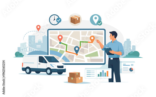 Urban logistics management scene showing a professional coordinating efficient delivery routes and goods movement across a busy city environment, with a character interacting with