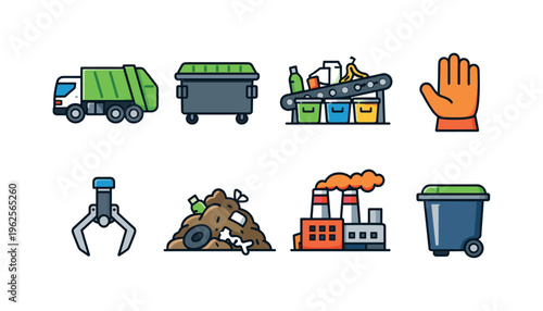 Waste collection services: garbage truck, street dumpster, waste sorting conveyor, sanitation worker glove hand, pickup claw grabber, landfill mound, incinerator building, wheeled