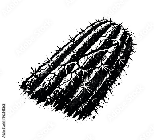 A cracked desert cactus segment shown in three-quarter view, angled so the thick ribbed column leans diagonally across the frame, filling most of the canvas