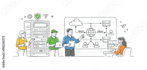 A business IT operations scene representing proxy server systems as tools for managing access and optimizing network performance, where a coordinated team configures and supervises