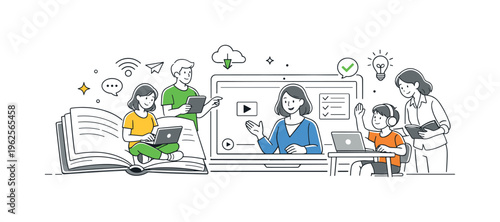 A hybrid learning and blended education environment scene showing students and teachers combining online and offline methods together around a large laptop and a simple book, using