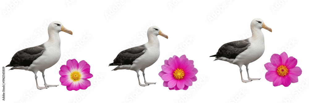 Fototapeta premium Albatross with Pink Hibiscus Flower Illustration Set - Realistic Sea Bird Graphics for Coastal Decor, Tropical Nature Design, and Wildlife Art - High-Quality Isolated Images