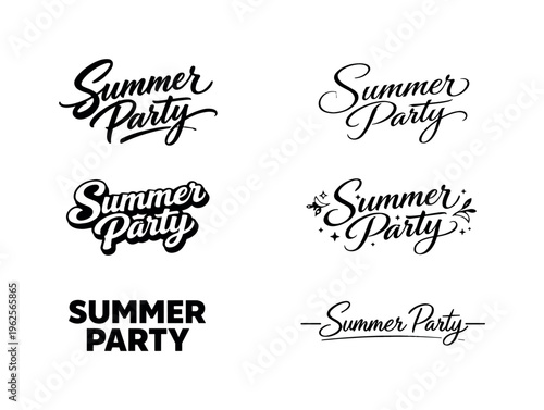 The phrase Summer Party presented as a professionally curated collection of six distinct typographic interpretations of the same energetic seasonal phrase,