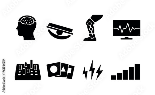 Neurorehabilitation therapy process: motor cortex stimulation pad, balance board tilt arc, robotic gait exoskeleton joint, neurofeedback waveform screen, hand dexterity peg grid