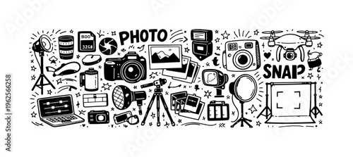Photography theme  a dense horizontal doodle collage of  hand-drawn photography and camera-related objects tightly packed on a white background like a