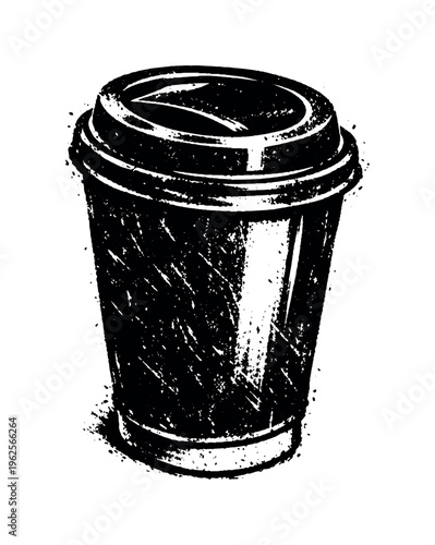 A takeaway coffee cup with a plastic lid shown in three-quarter perspective, enlarged to fill most of the frame and isolated on a perfectly clean white