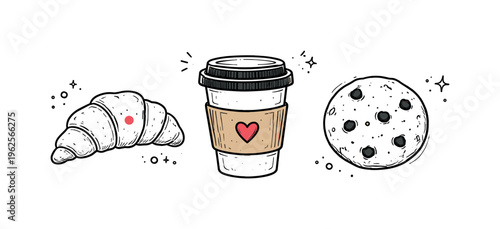 Coffee shop treats theme  a horizontal row of 3 related hand-drawn objects on a white background, featuring a simple croissant with a tiny pink dot accent on