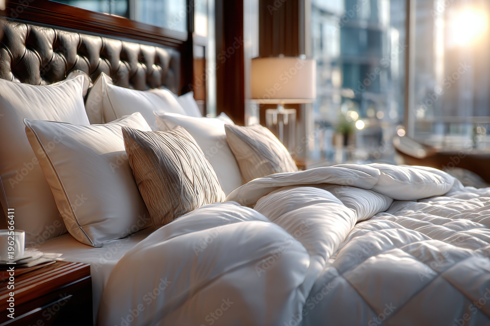 Obraz premium Unmade Bed with Pillows in Sunny Hotel Room