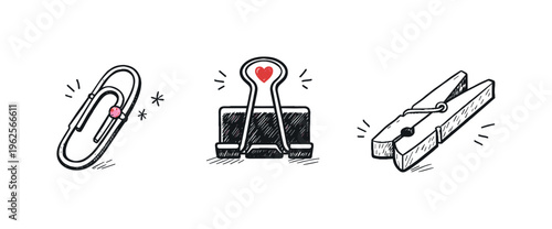 Simple stationery clips theme  a horizontal row of 3 related hand-drawn objects on a white background, featuring a classic paper clip with a tiny pink dot