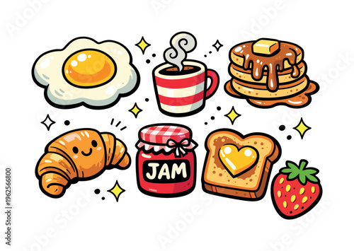Breakfast themed collection of 7 bold, playful hand-drawn cartoon objects scattered freely on a white background at varying scales, like a colorful sticker